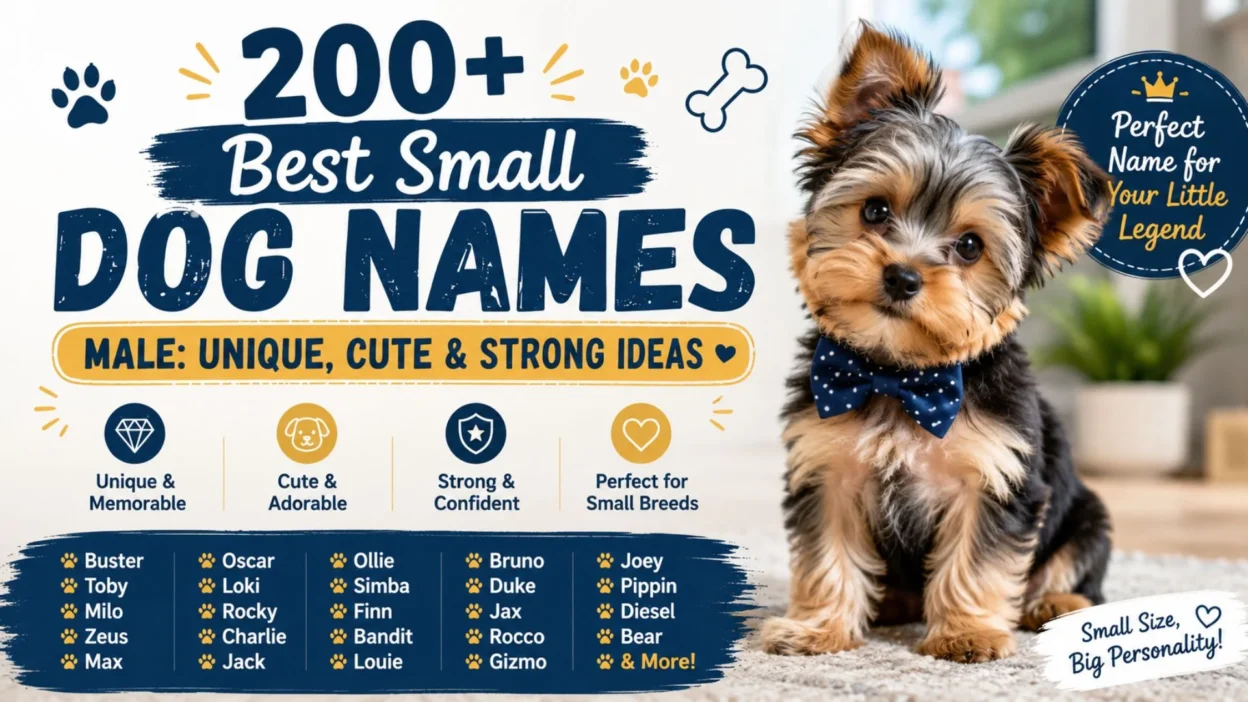 Cute small male puppy beside a guide featuring 200+ best small male dog names with unique, cute, and strong name ideas.