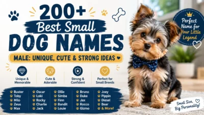 Cute small male puppy beside a guide featuring 200+ best small male dog names with unique, cute, and strong name ideas.