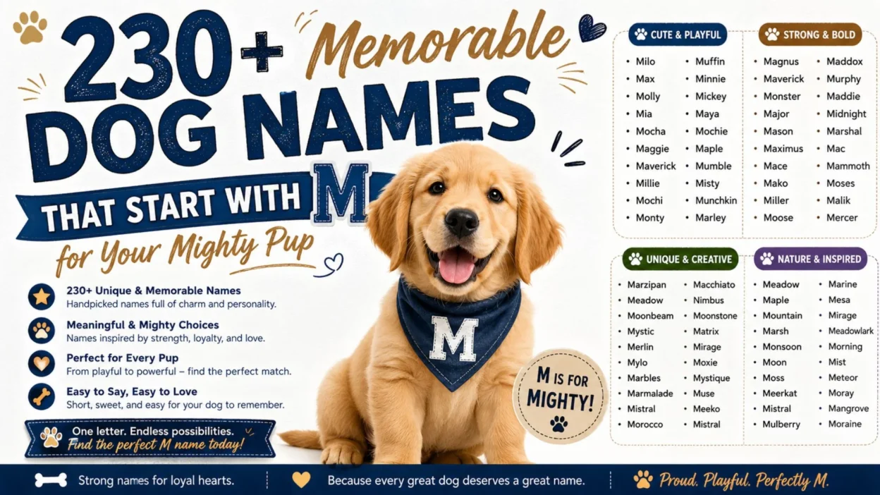 Golden Retriever puppy with 230+ memorable dog names that start with M in a colorful infographic for pet owners