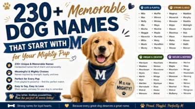 Golden Retriever puppy with 230+ memorable dog names that start with M in a colorful infographic for pet owners