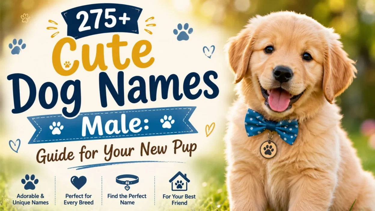 Cute male dog names guide cover featuring a smiling Golden Retriever puppy with a blue bow tie and playful paw prints.