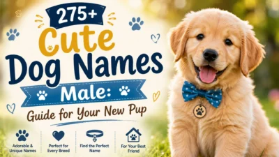 Cute male dog names guide cover featuring a smiling Golden Retriever puppy with a blue bow tie and playful paw prints.