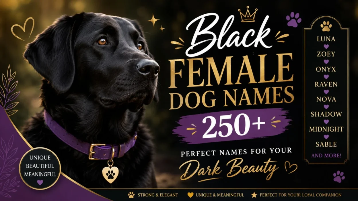 Black female Labrador with a purple collar promoting 250+ black female dog names for dark-coated dogs and puppies.