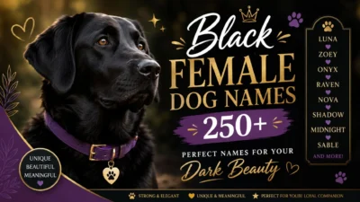 Black female Labrador with a purple collar promoting 250+ black female dog names for dark-coated dogs and puppies.