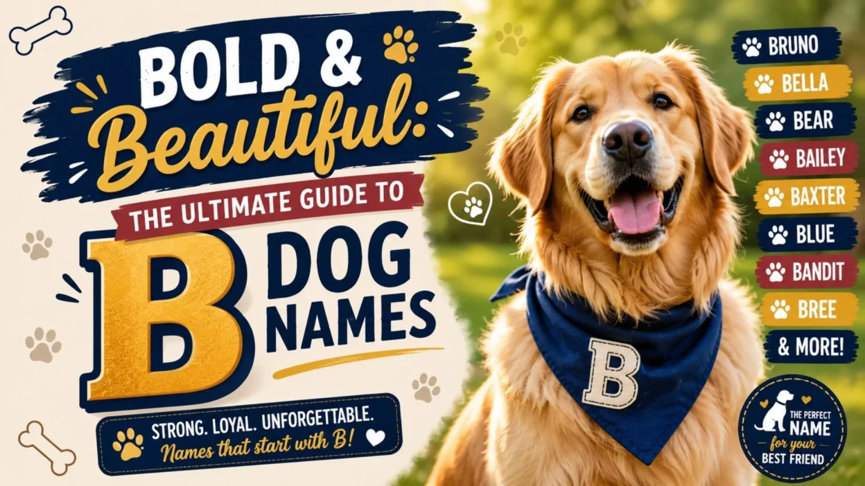 Golden Retriever with a blue bandana featuring bold B dog names guide and popular names like Bruno, Bella, and Bailey.