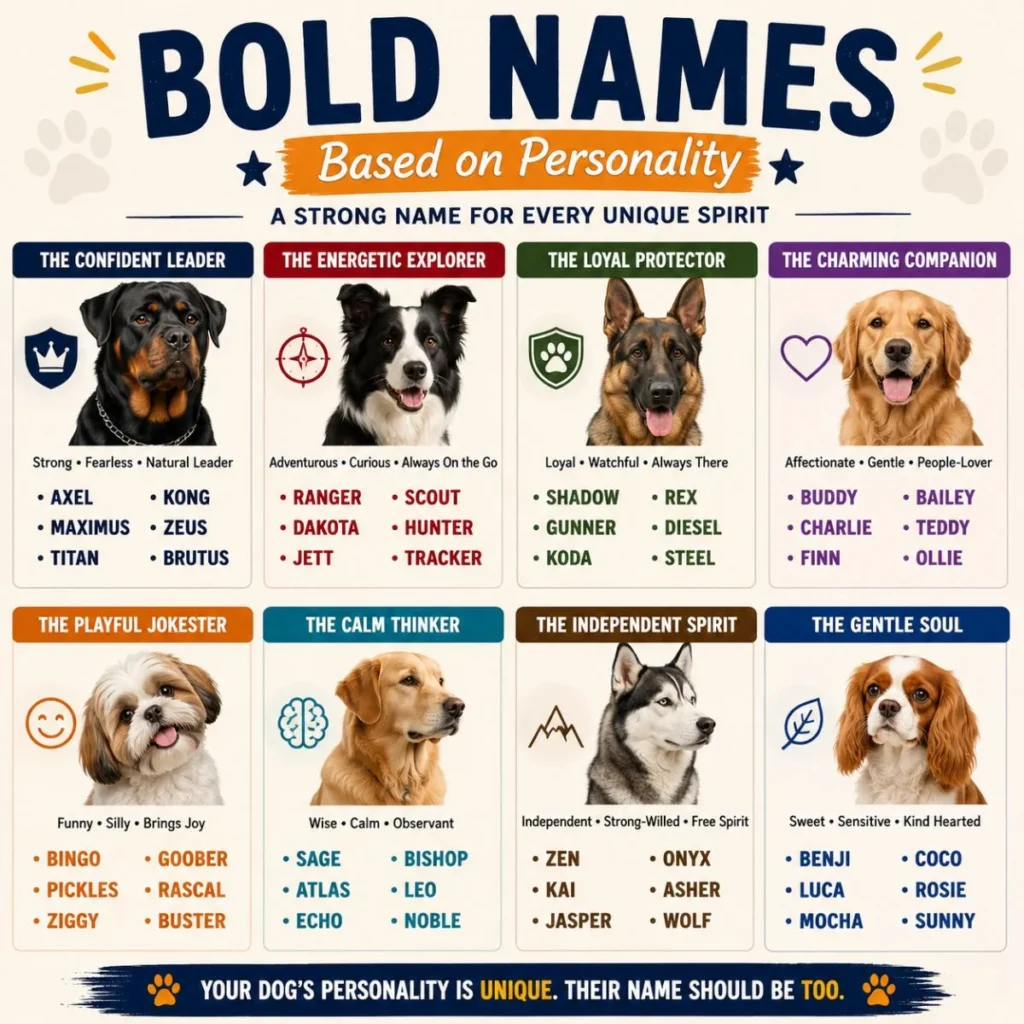 Bold dog names based on personality infographic featuring confident, playful, loyal, calm, and adventurous dog name ideas.