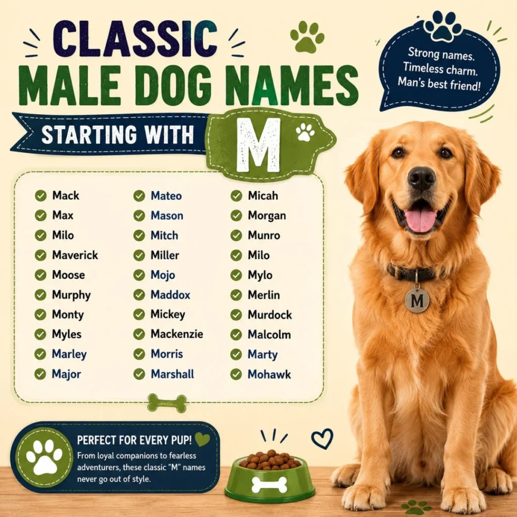Classic male dog names starting with M infographic featuring a happy Golden Retriever and timeless puppy name ideas