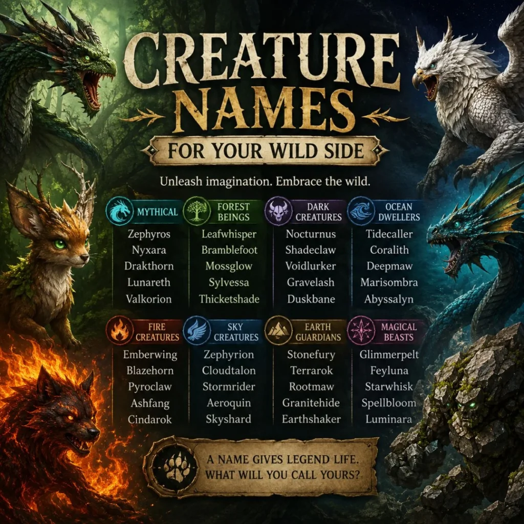 Fantasy creature names infographic with dragons, griffin, forest beasts, and mythical name ideas for your wild side