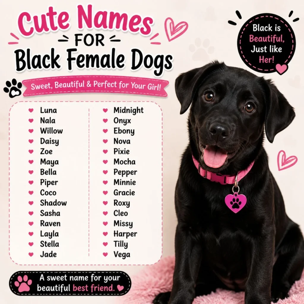 Cute names for black female dogs infographic featuring a happy black puppy and 30 adorable female dog name ideas.