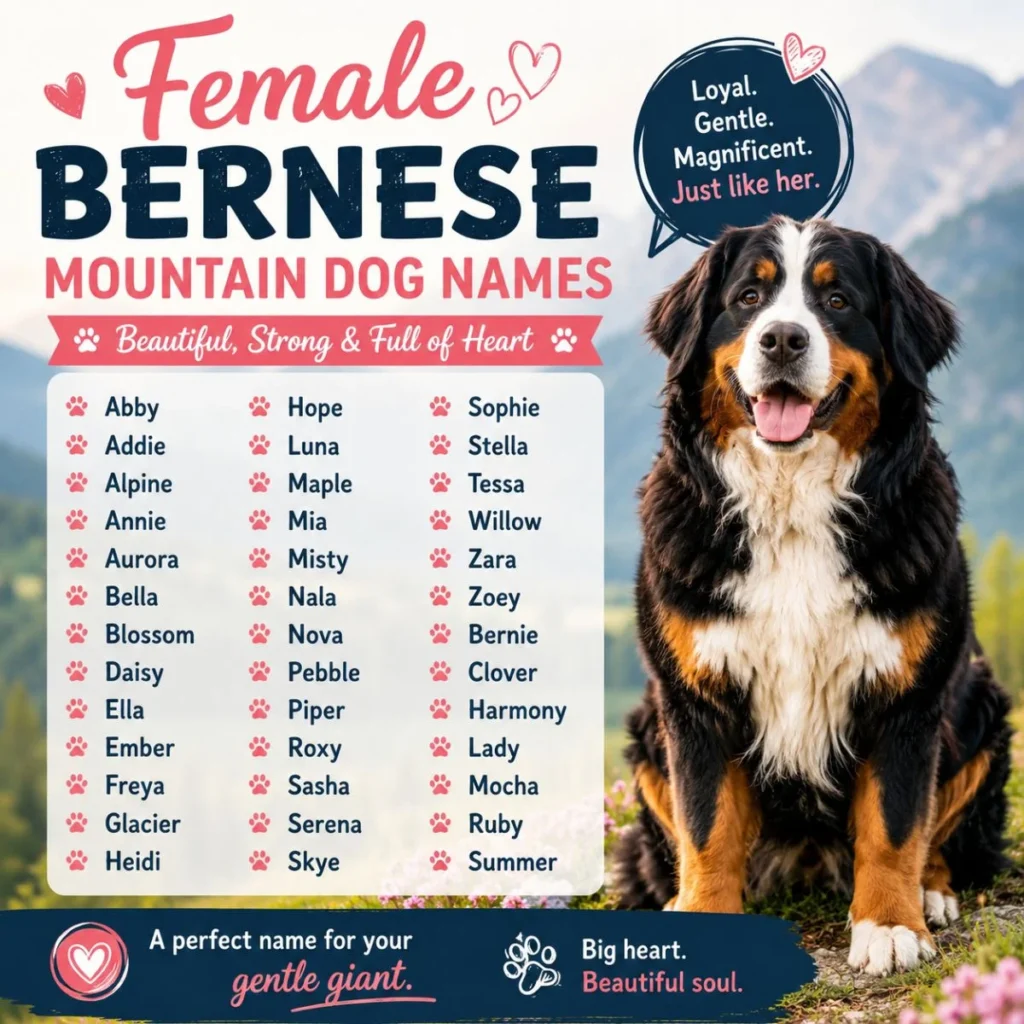 Female Bernese Mountain Dog names infographic with a happy Bernese dog and a list of cute, strong, and unique girl puppy names.
