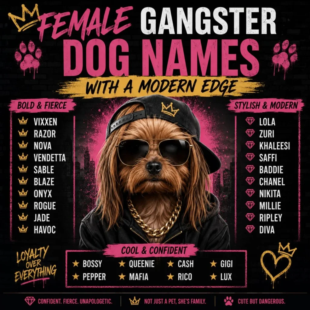 Female gangster dog names infographic with a stylish dog in sunglasses and modern bold, fierce, and confident name ideas.
