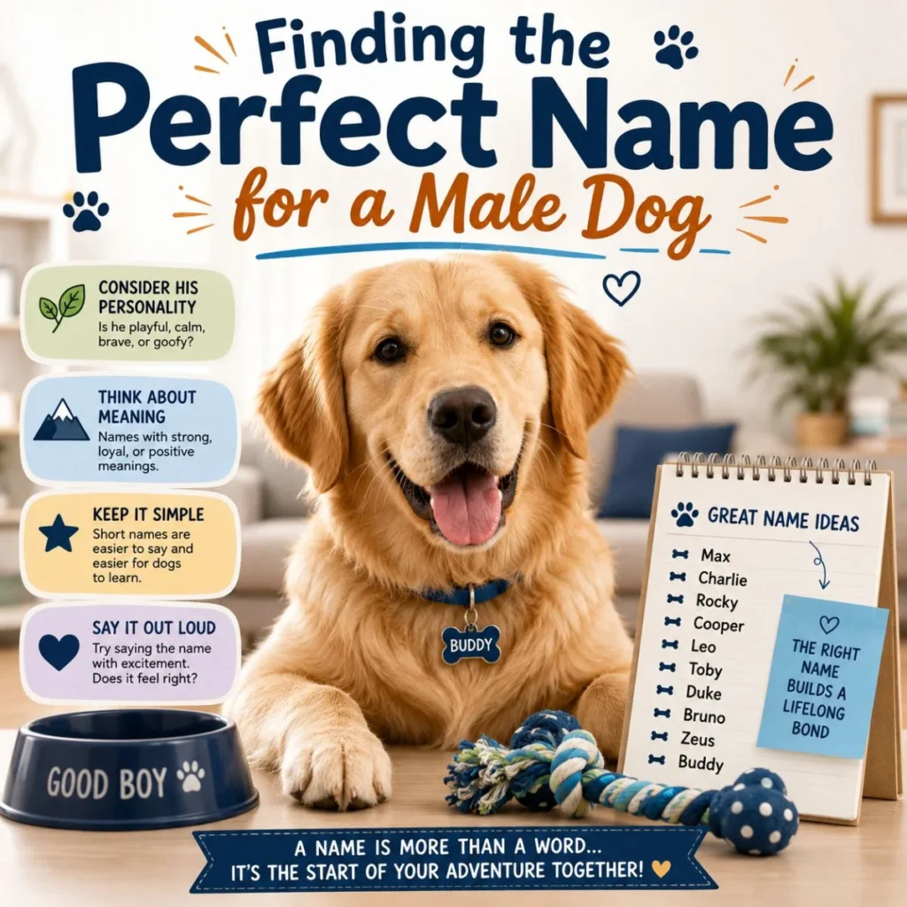 Golden Retriever with male dog naming tips and popular boy dog name ideas in a friendly pet guide infographic