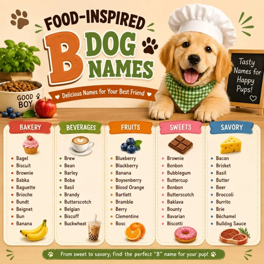 Food-inspired B dog names infographic with a happy puppy chef, bakery, fruit, sweet, beverage, and savory name ideas