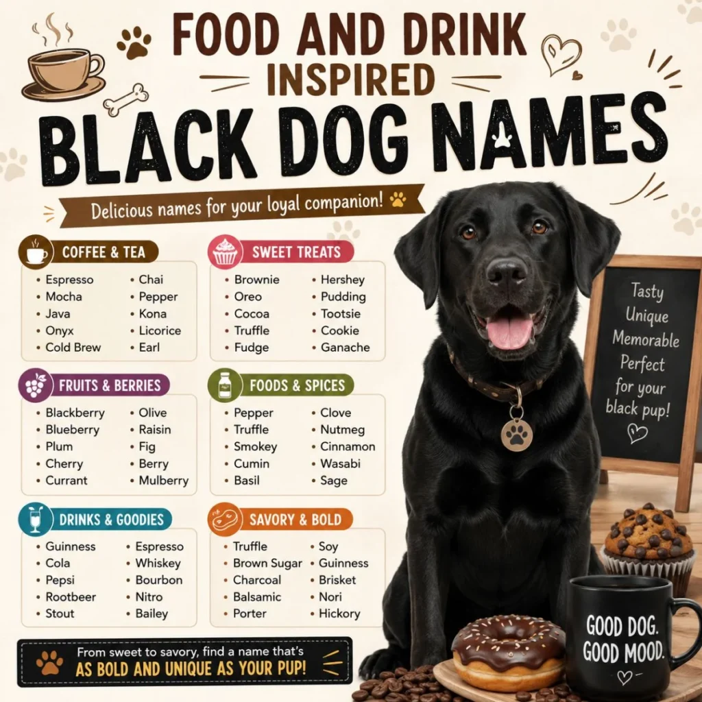 Black Labrador with a food and drink inspired black dog names infographic featuring coffee, dessert, spice, and savory name ideas.