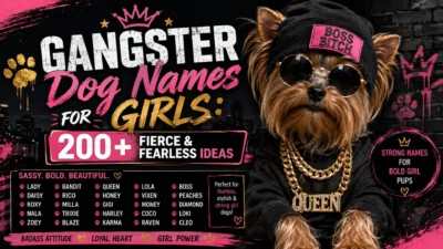 Gangster girl dog wearing sunglasses and gold chains promoting 200+ fierce female gangster dog names with urban style