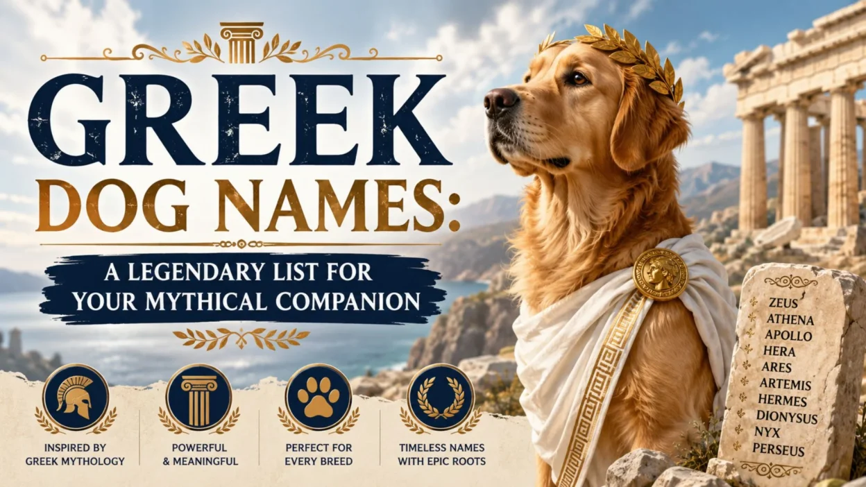Golden Retriever in Greek-inspired attire with ancient ruins, showcasing legendary Greek dog names for mythical companions.