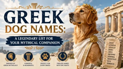 Golden Retriever in Greek-inspired attire with ancient ruins, showcasing legendary Greek dog names for mythical companions.