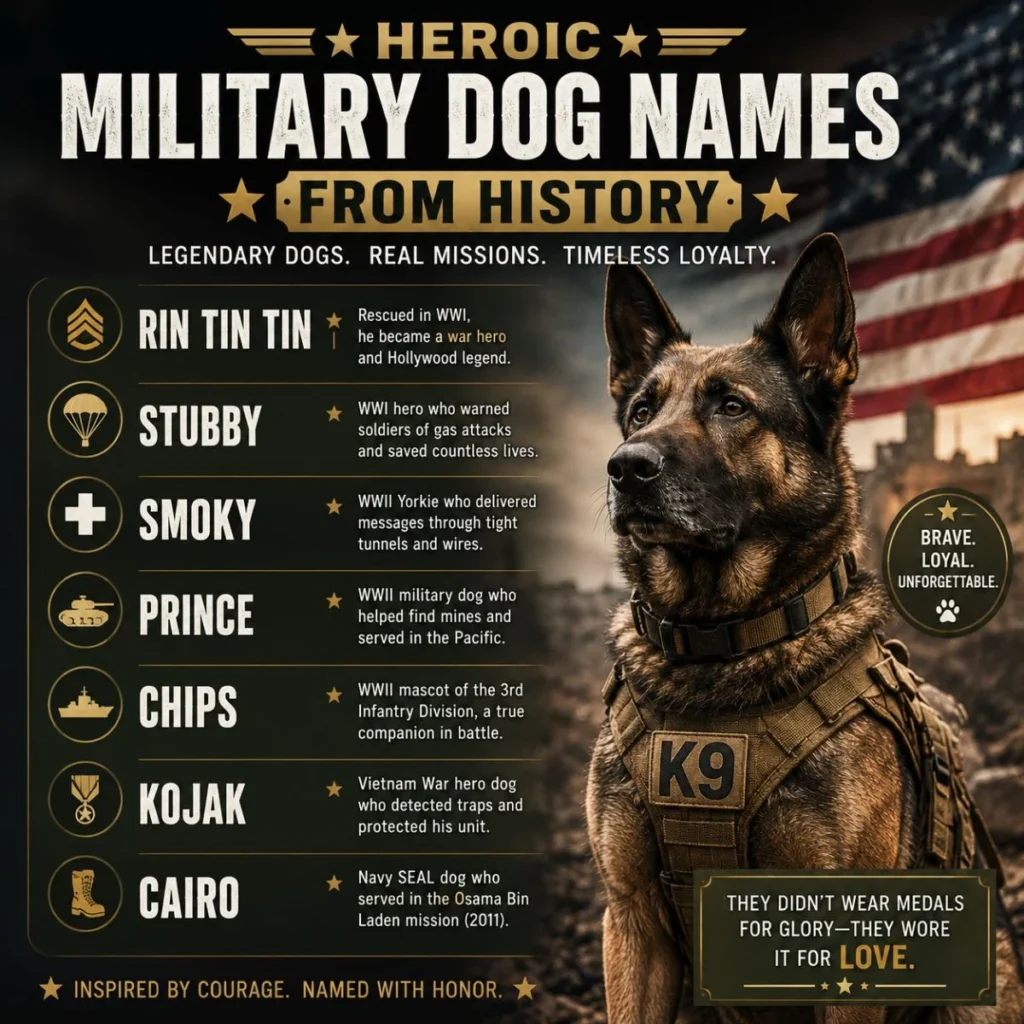 Heroic military dog names from history infographic featuring famous war dogs and a German Shepherd K9 in tactical gear
