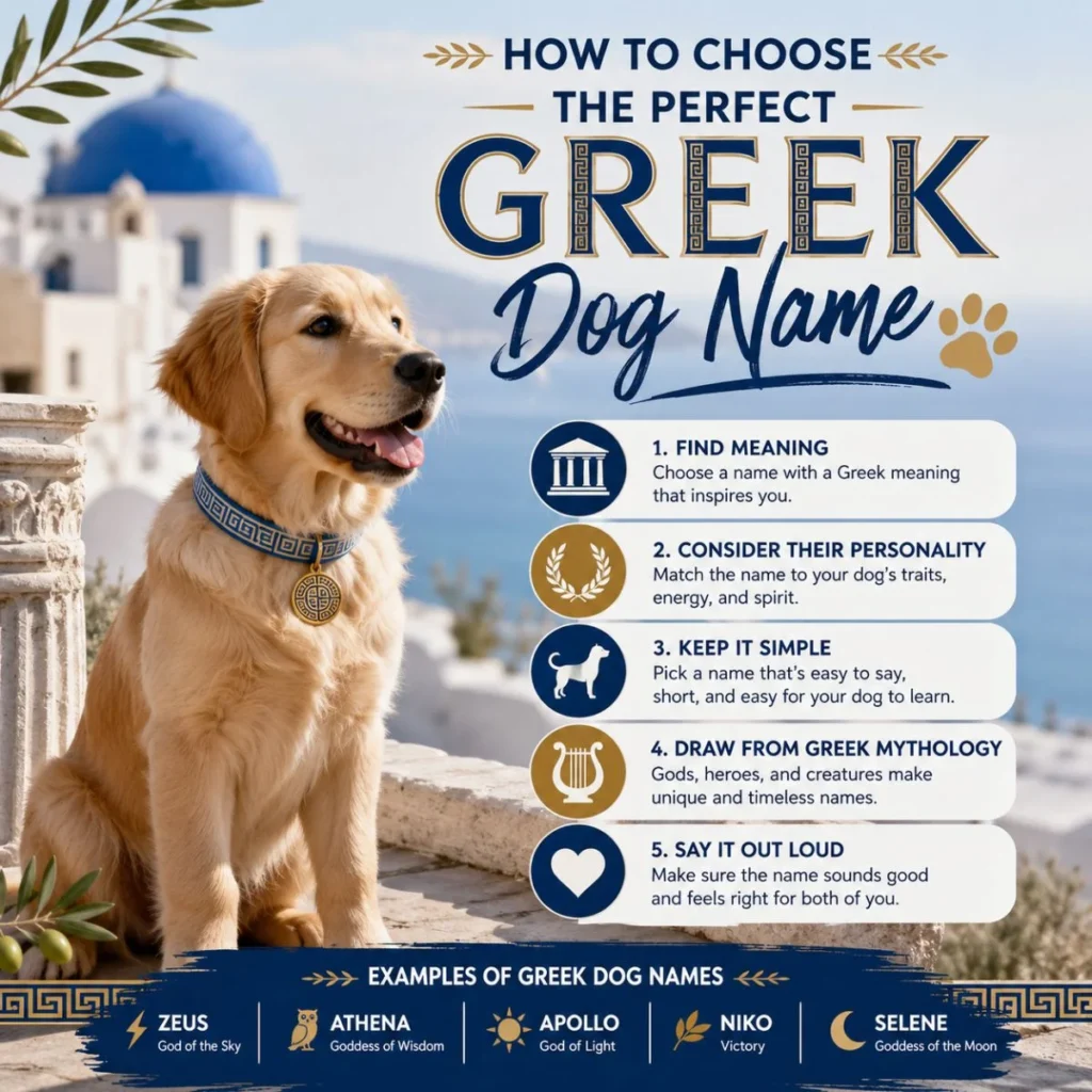 Golden Retriever with Greek-inspired collar beside tips for choosing the perfect Greek dog name and popular name ideas
