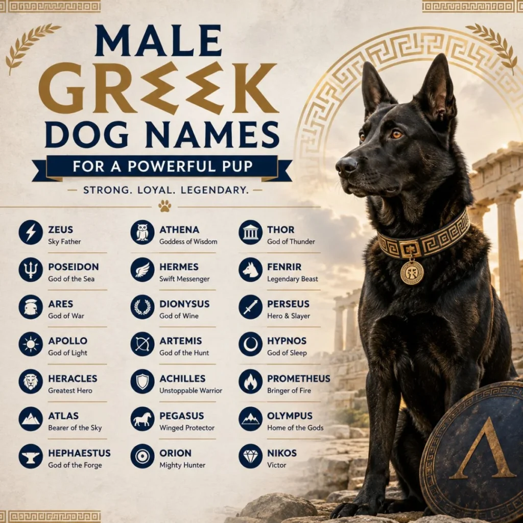 Male Greek dog names infographic with a powerful black dog, ancient Greek ruins, and legendary name ideas for strong male pups.