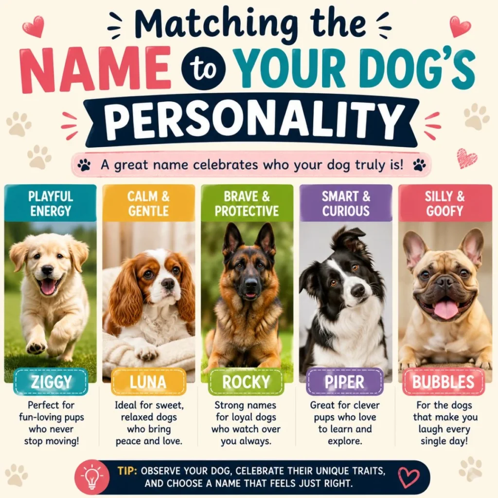Matching the name to your dog's personality infographic with playful, calm, brave, smart, and goofy dog name ideas.