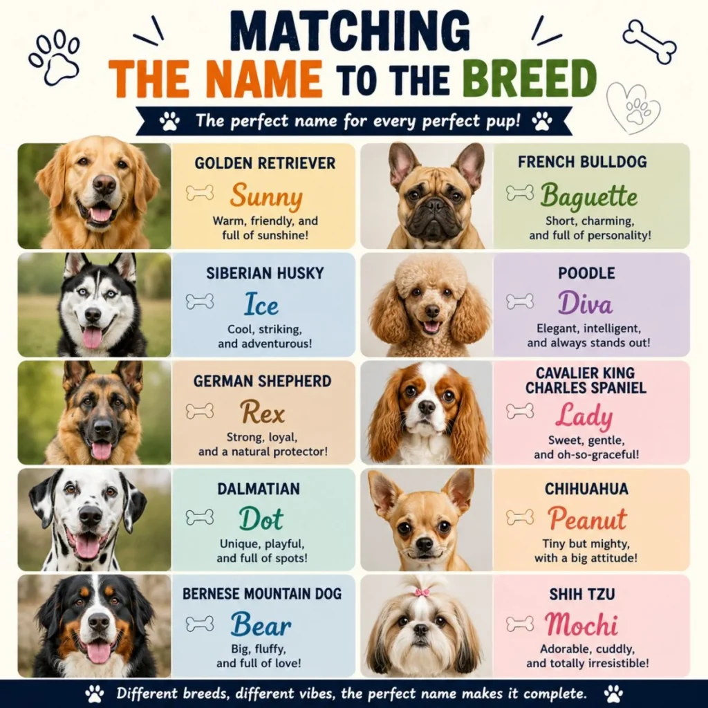 Matching dog names to popular dog breeds infographic featuring Golden Retriever, Husky, Poodle, Chihuahua, and more.