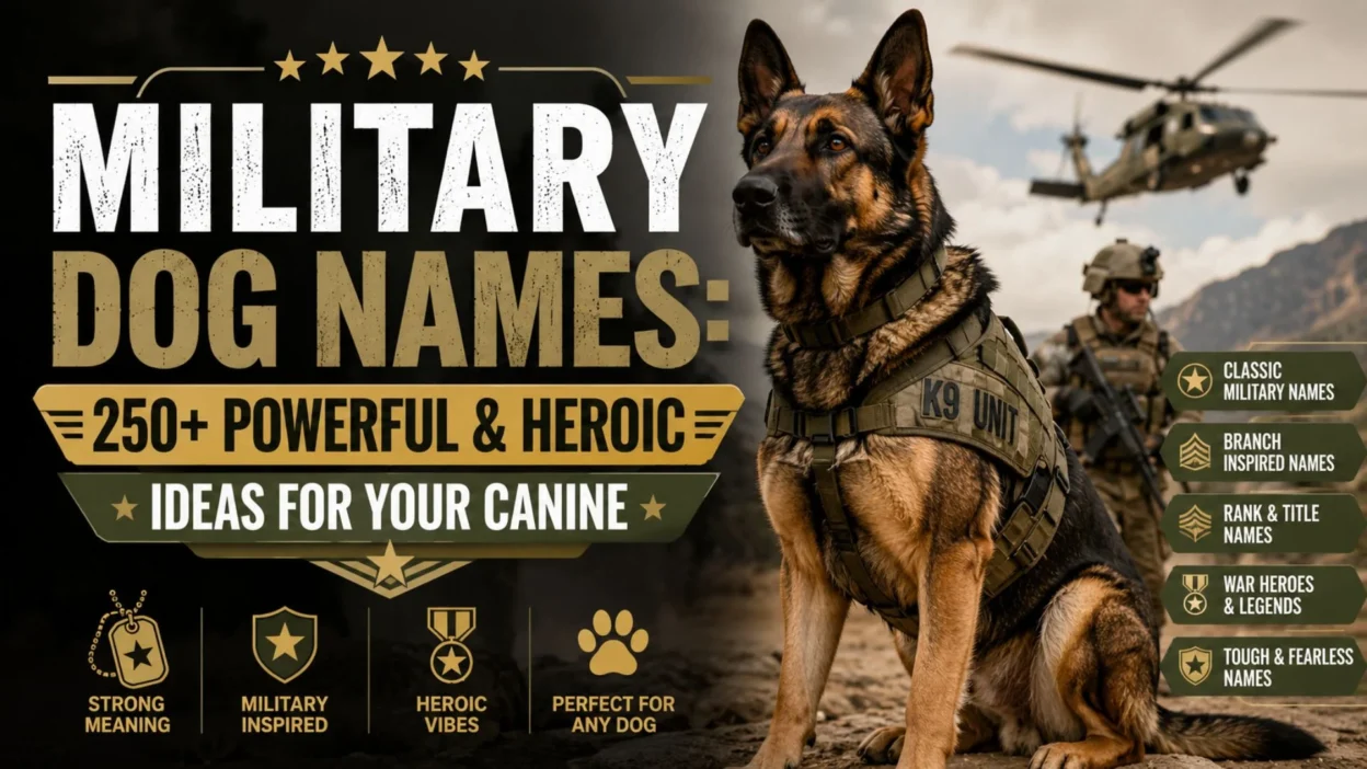 German Shepherd military dog in tactical gear with bold text showcasing 250+ powerful and heroic military dog names.