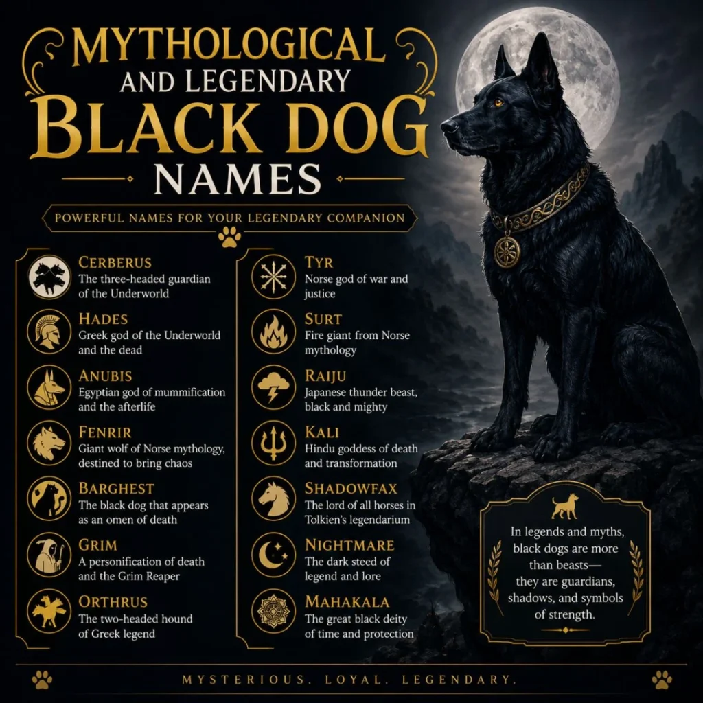 Mythological and legendary black dog names infographic featuring a majestic black dog under the moon with famous myth-inspired names.