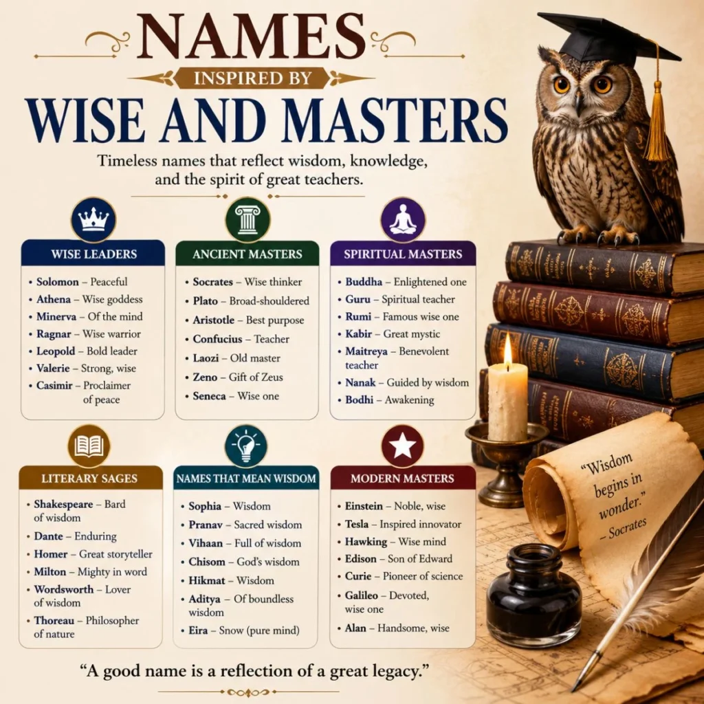 Infographic of wise and master-inspired names with classic books, owl, and timeless naming ideas for pets or babies.