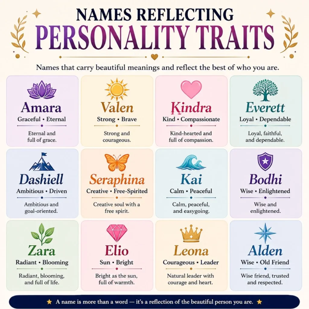 Personality trait-inspired names infographic featuring meaningful names that symbolize kindness, courage, wisdom, and grace.
