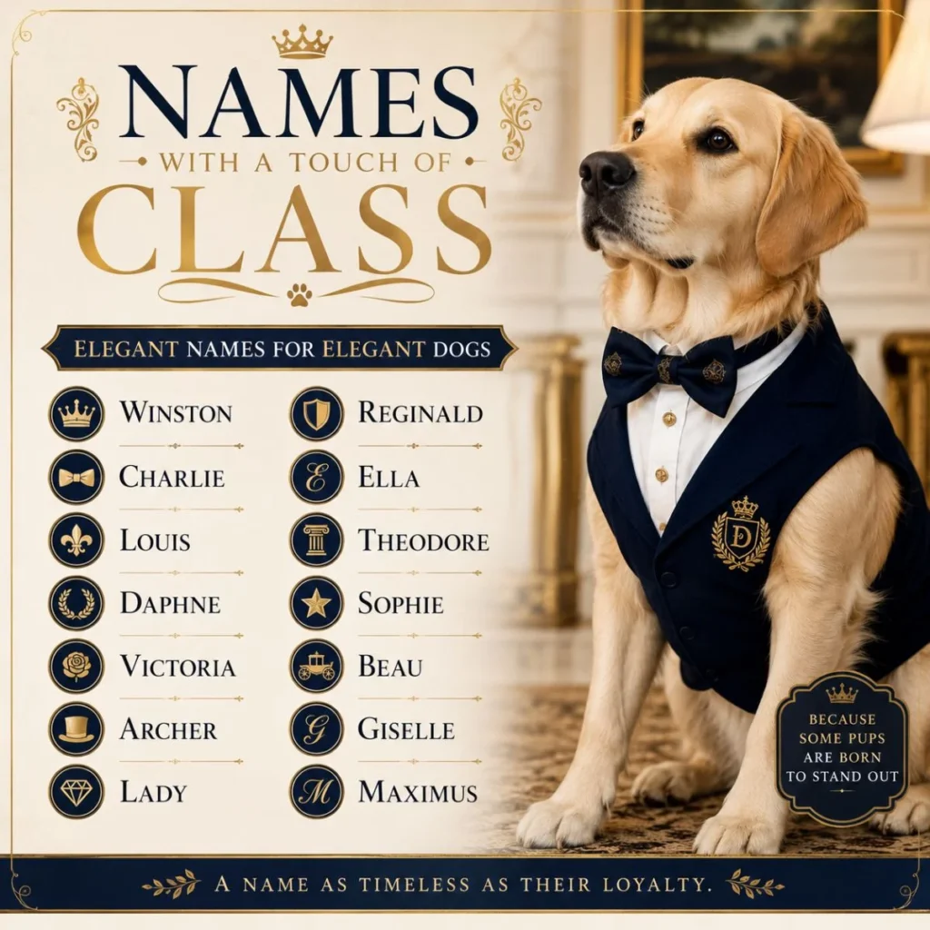Elegant dog names infographic featuring a stylish Labrador in a tuxedo with classy and timeless dog name ideas.