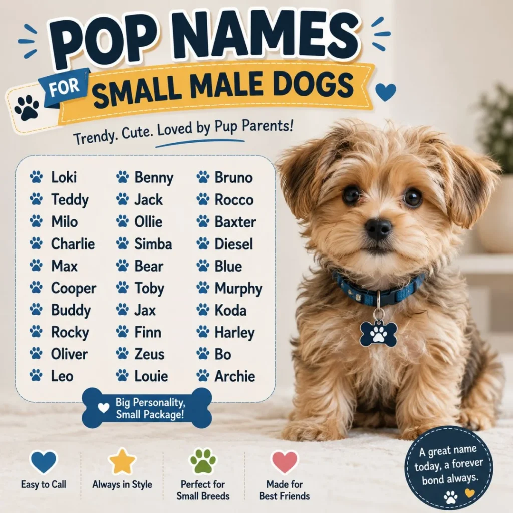 Popular names for small male dogs infographic featuring a cute puppy and trendy male puppy name ideas for small breeds.