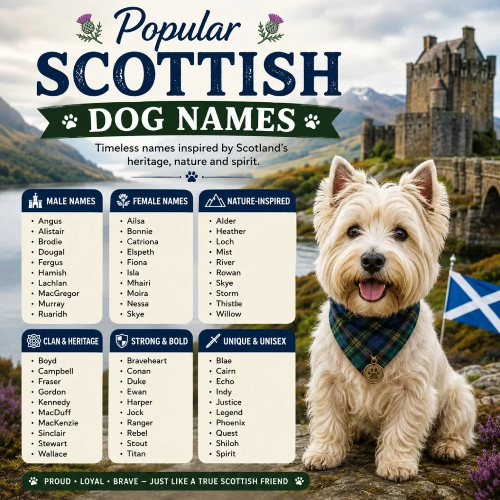 Popular Scottish dog names infographic with a Westie, Scottish castle, Highlands, and categorized puppy name ideas