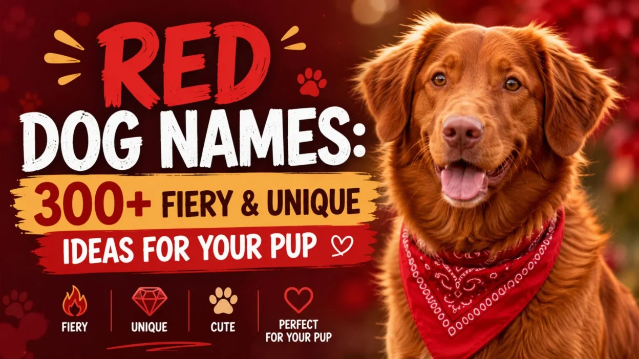 Red dog with a bandana beside the title "300+ Fiery & Unique Red Dog Names" for naming inspiration