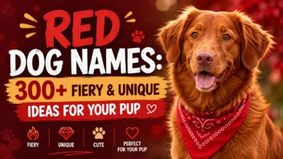 Red dog with a bandana beside the title "300+ Fiery & Unique Red Dog Names" for naming inspiration