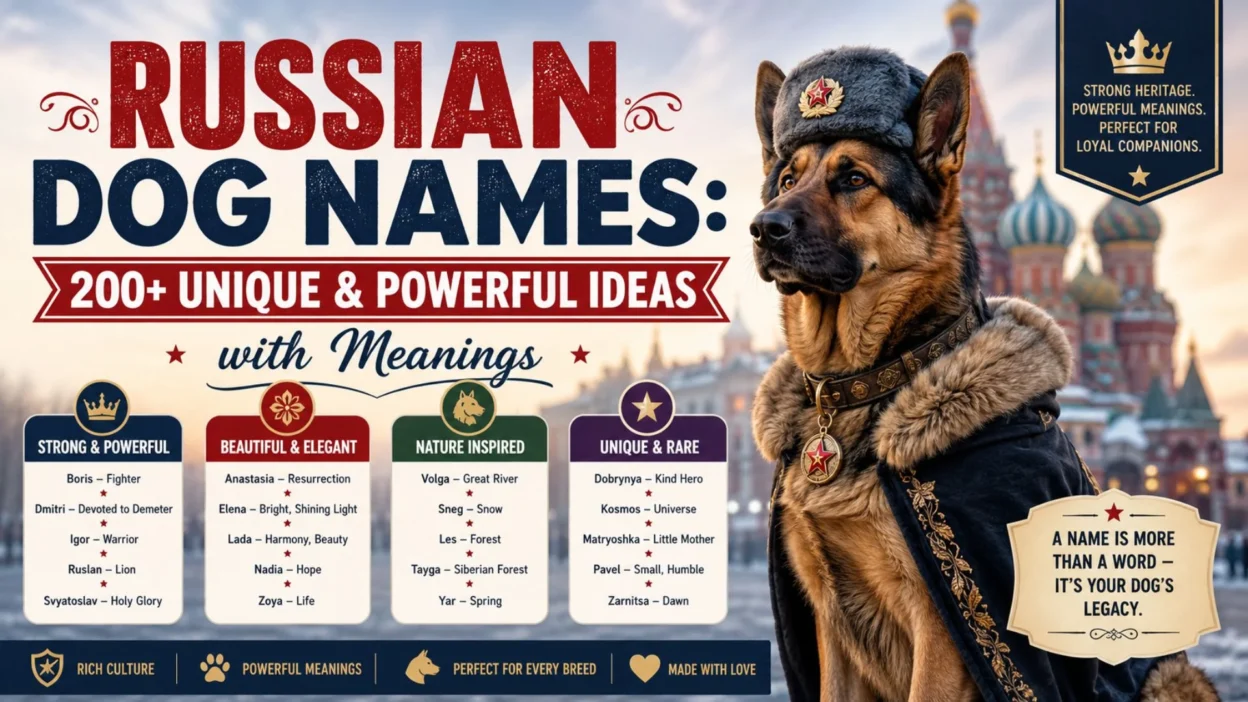 Russian dog names guide featuring a German Shepherd with 200+ unique, powerful Russian dog name ideas and meanings.