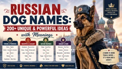 Russian dog names guide featuring a German Shepherd with 200+ unique, powerful Russian dog name ideas and meanings.