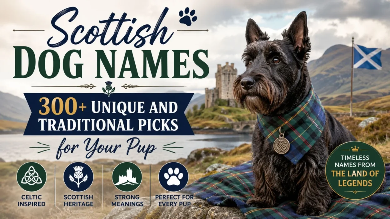 Scottish dog wearing a tartan bandana by a Highland castle with Scottish dog names guide for unique puppy name ideas