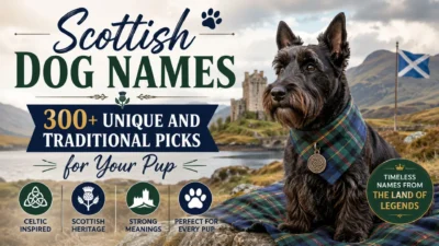Scottish dog wearing a tartan bandana by a Highland castle with Scottish dog names guide for unique puppy name ideas