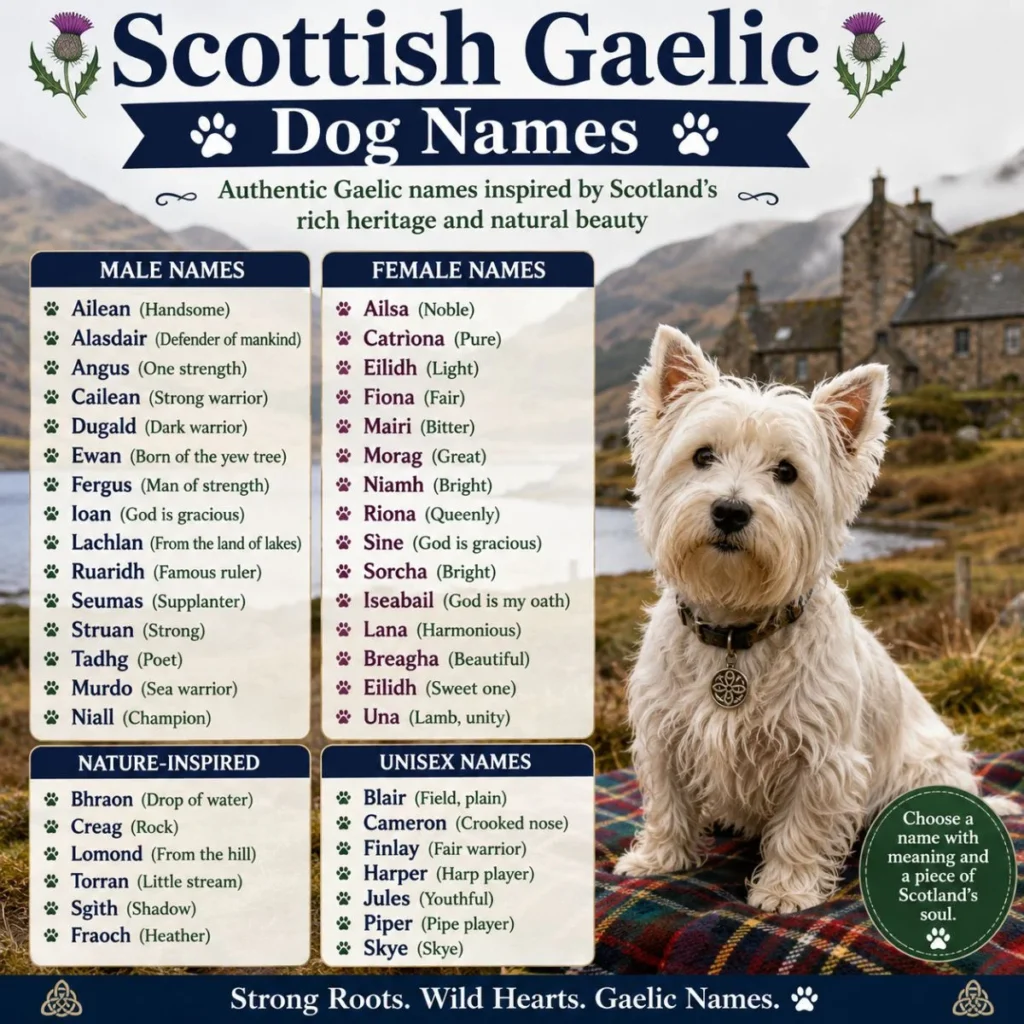 Scottish Gaelic dog names infographic with a white terrier, Highlands scenery, and traditional Gaelic name ideas for dogs