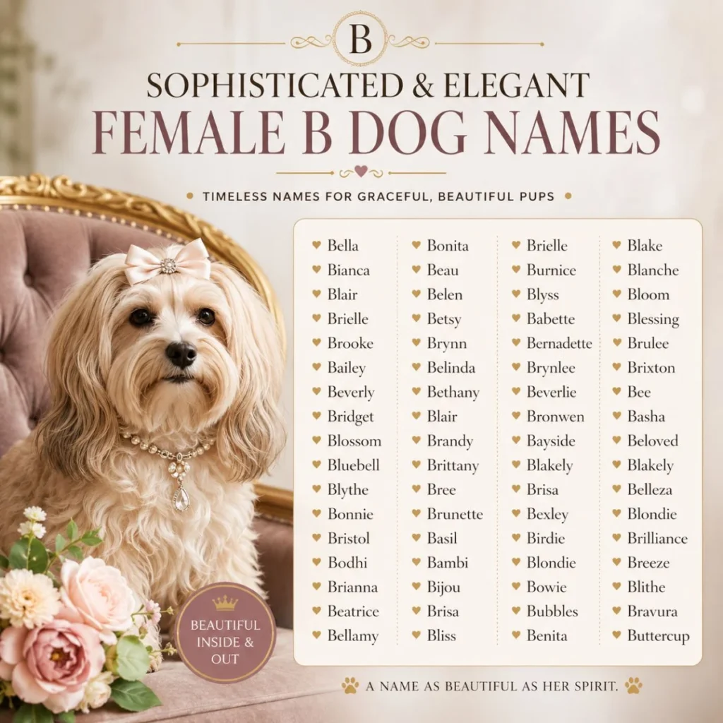 Elegant infographic featuring sophisticated female B dog names with a stylish fluffy dog, floral accents, and luxury-inspired design.