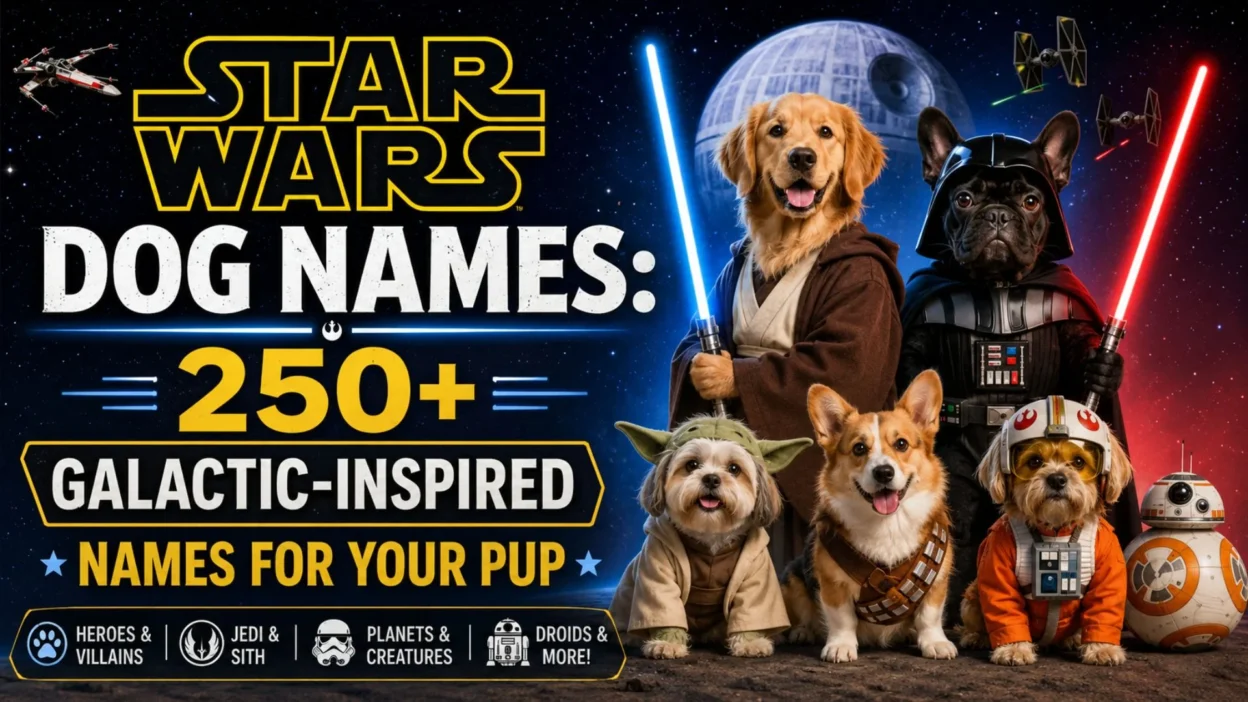 Star Wars-inspired dog names poster featuring dogs dressed as galactic heroes with 250+ creative puppy name ideas.