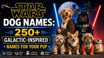 Star Wars-inspired dog names poster featuring dogs dressed as galactic heroes with 250+ creative puppy name ideas.