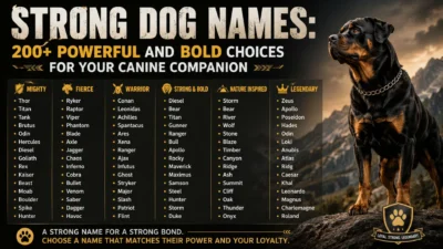 Strong dog names infographic with a powerful Rottweiler and 200+ bold canine name ideas for male and female dogs