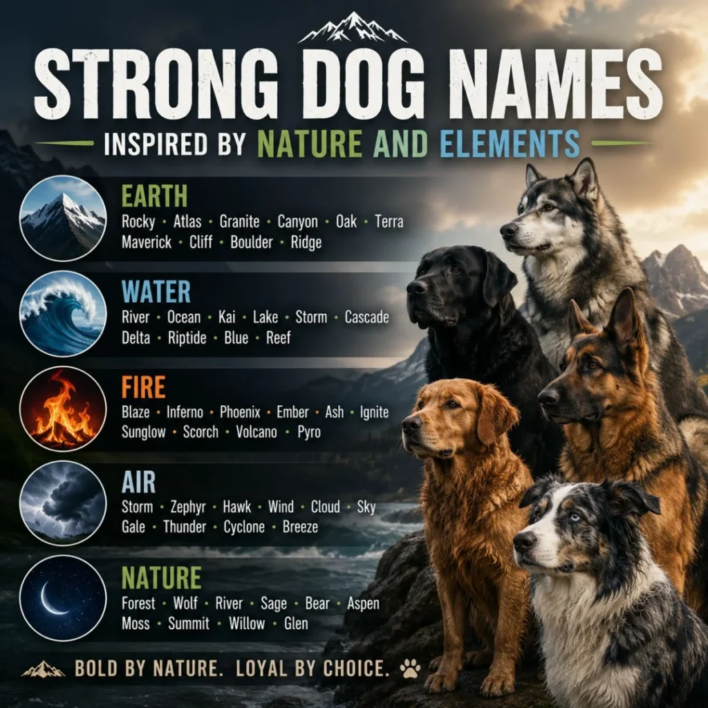 Strong dog names inspired by nature and elements infographic featuring mountain, water, fire, air, and nature-themed name ideas