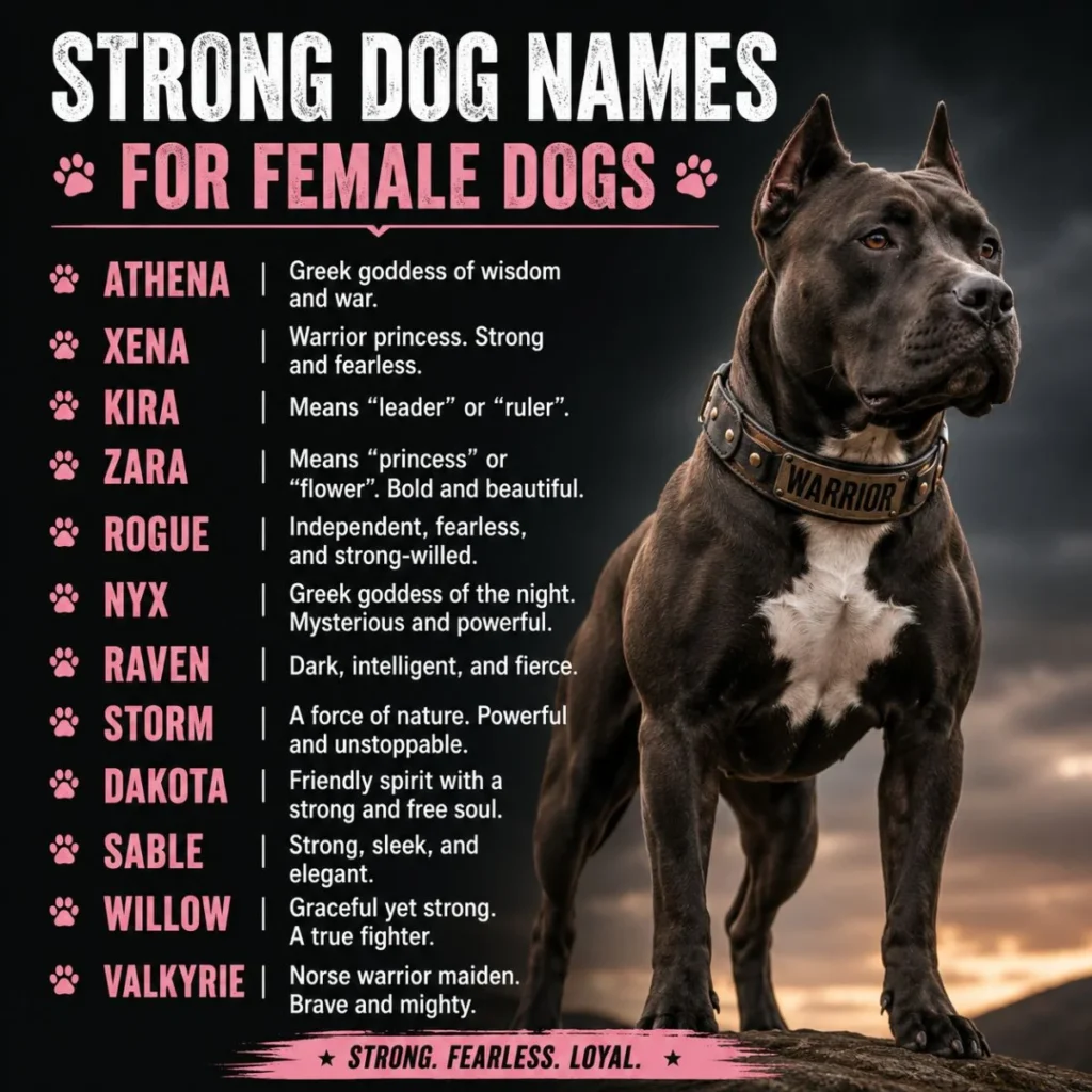 Strong female dog names infographic featuring powerful names like Athena, Xena, Rogue, Valkyrie with a confident muscular dog