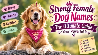 Strong female dog names guide featuring a happy Golden Retriever wearing a crown and bandana in a bright outdoor setting.