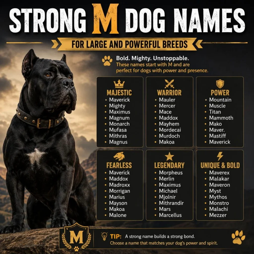 Strong M dog names infographic featuring a powerful black guard dog with bold name ideas for large and powerful breeds.