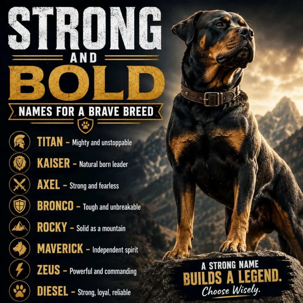 Strong and bold dog names for a brave breed with a powerful Rottweiler standing on a rock in a dramatic mountain landscape.