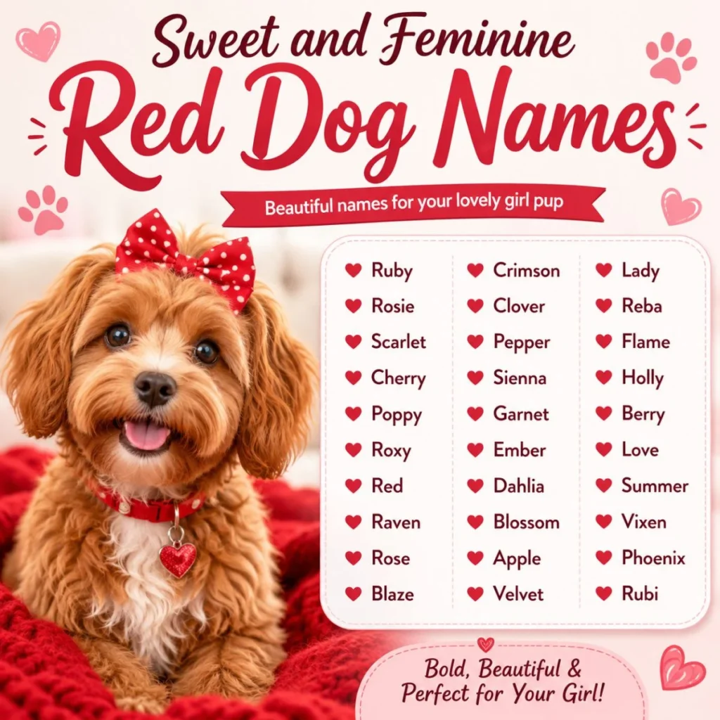Cute brown girl puppy with a red bow featuring sweet and feminine red dog names in a charming pink-themed infographic